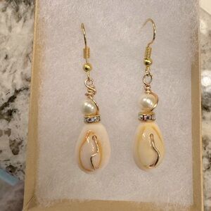 Cowry Shell Earrings with Simulated Pearl & AB Crystal Rondel Spacer